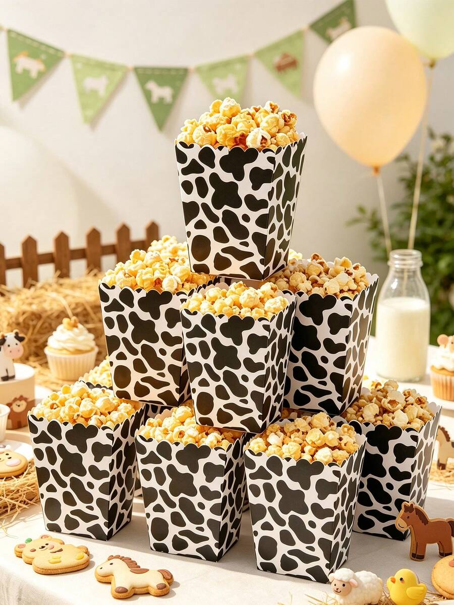 10 piezas Cajas de palomitas de maíz de papel con estampado de vaca, palomitas de maíz desechables con tema de vaca, contenedores de comida de papel, cajas de bandeja de aperitivos con tema de animales de granja para fiesta de primer cumpleaños, baby shower, revelación de género, decoraciones de fiesta de vaca, baby shower, cajas de regalo de fiesta de vaca, embalaje de regalo, suministros de fiesta de vaca, bolsas de regalo de fiesta de vaca