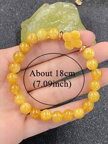 1pc Natural Yellow Jade Four-Leaf Clover Stretch Bracelet, Symbol Of Luck, Prosperity, Wealth, Bohemia Cross Fashion Jewelry Unisex Gift For Women Men - Yellow - View 6