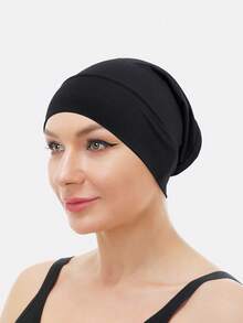 Gorro tipo beanie de unicolor con textura similar a la seda, antideslizante, simple, práctico y multifuncional - Negro - Ver 2