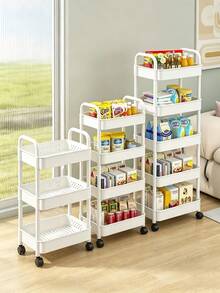3/4/5-Tier Movable Storage Rack, Home Floor Trolley, Kitchen Multi-Layer Cart, Bathroom Storage Cart, Bedroom Snack Storage Rack, Bookshelf, Home Decor, Living Room Storage, Suitable For Living Room, Kitchen, Bedroom, Bathroom - White - View 9