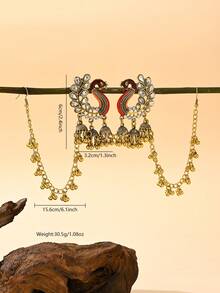 優雅水鑽耳環鍊，傳統中東風格 Jhumka 配鈴鐺流蘇鍊，適合女性婚禮或派對穿著 - 孔雀形狀 - 查看 6
