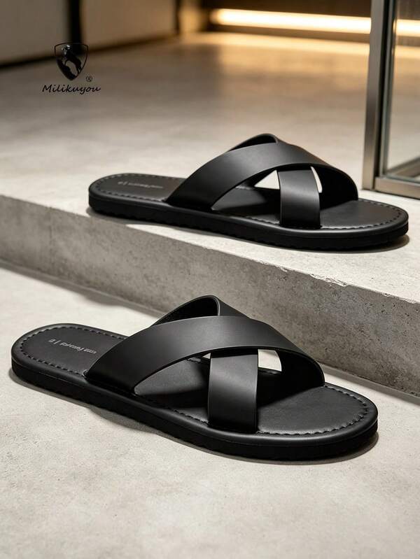 Men's 39-46 Non-Slip Cross Strap Slippers, Summer Two-Color Men's Slides, Non-Slip Cool Sandals, Plus Size Men's Slippers, Men's Casual Shoes, Lightweight Non-Slip Indoor Slippers, Durable Breathable Men's Sandals, Outdoor Daily Wear Men's Shoes