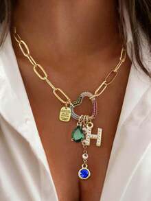 1pc Gold Letter Necklace, Luxury Heart-Shaped Lock With Lock And Green Diamond Pendant Necklace, Exquisite Holiday Party Gift For Women - Yellow Gold - View 9