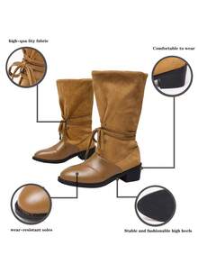 Loose Ruched Mid-Calf Boots With Adjustable Lace-Up Thick Heel, Round Toe Non-Slip Western Daily Women's Boots - Camel - View 7