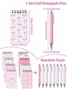 1/4/8pcs White And Pink Bow Notebook & Diary Set, Cute Bow Pocket Notebook (10cm) And Pen (14cm) Set, Bow Theme Party Gift, Birth, First Day Of School - Pink - View 5