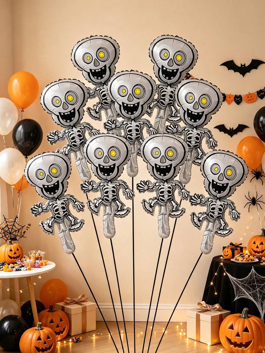 10pcs 16-Inch Mini Halloween Skeleton Shaped Foil Balloons, Suitable For Trick Or Treat Theme Balloons (Ribbon Not Included) - View 1