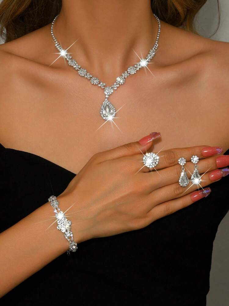 4pcs/3pcs/2pcs Set Women's Jewelry Set Royal Blue Teardrop Rhinestone Sparkling Bridal Jewelry For Banquet, Ball, Birthday Party Gift - Silver - View 11