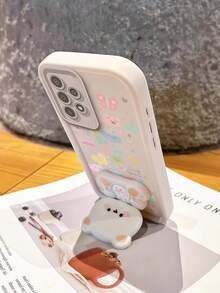 Creative Happy Star Pig Pattern With Cute Bear Foldable Mirror Stand And Short Lanyard Stepped Frame Dopamine Phone Case, Full Coverage Anti-Drop Protective Cover, Minimalist Design, Soft Adorable Cartoon Style, Perfect Protection For Your Phone, Suitable For Honor X7/Galaxy A56 5G/ Smart 8/ Hot 40/Transsion Spark 30C/Spark Go 2024/ Note 14 5G/ E22/E22i/ A54 - White - View 3