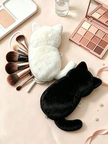 Cute Plush Cat-Shaped Makeup Brush Bag, Soft Plush Cosmetic Storage Bag With Zipper Closure, Suitable For Makeup Brushes, Lipsticks And Other Small Beauty Tools - Multicolor - View 2