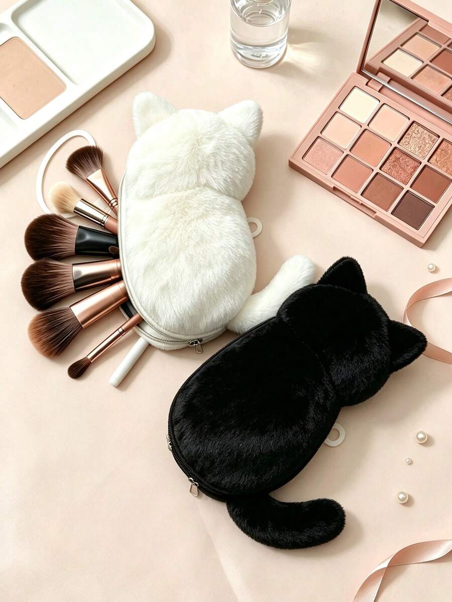 Cute Plush Cat-Shaped Makeup Brush Bag, Soft Plush Cosmetic Storage Bag With Zipper Closure, Suitable For Makeup Brushes, Lipsticks And Other Small Beauty Tools