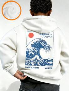 青少年男孩趣味圖案印花套頭衛衣，保暖舒適加絨內裡套頭衛衣，適合秋冬穿著 - 白色 - 查看 2