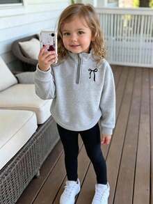 Baby Girl Bow Print Half-Chest Stand Collar Long Sleeve Top And Fitted Long Pants - Grey - View 1