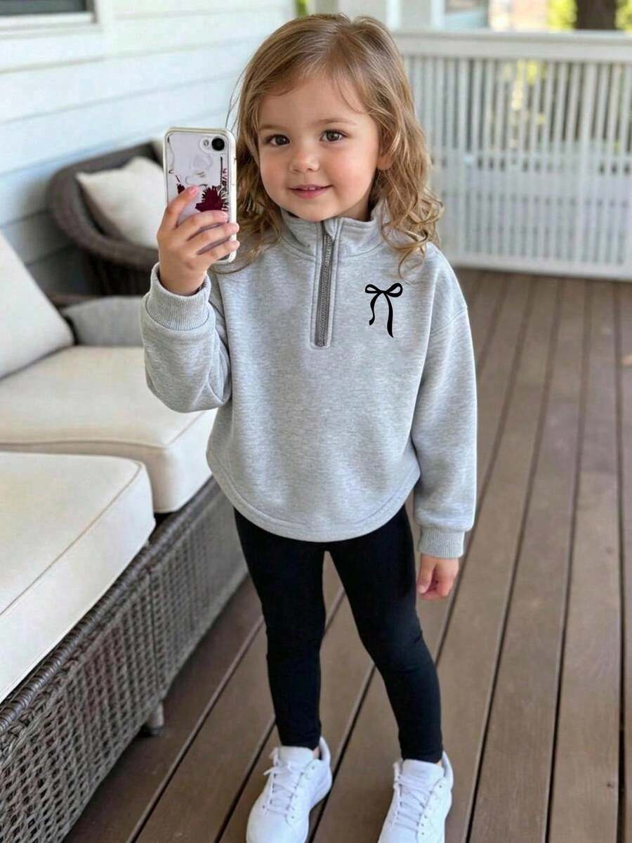 Baby Girl Bow Print Half-Chest Stand Collar Long Sleeve Top And Fitted Long Pants - Grey - View 1