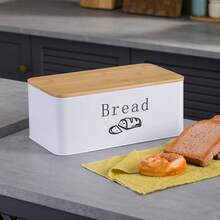 Bread Storage Box Metal Bamboo Lid, Large Kitchen Bread Bin Container, Keeps Bread Fresh Organised Countertop For Loaf Cakes Pastries Food Storage - White - View 2