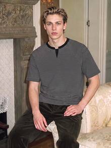 Men Striped Henley Neck Short Sleeve T-Shirt, Old Money Notch Collar Tee, Casual Holiday Daily Outfit For Back To School - Black - View 7