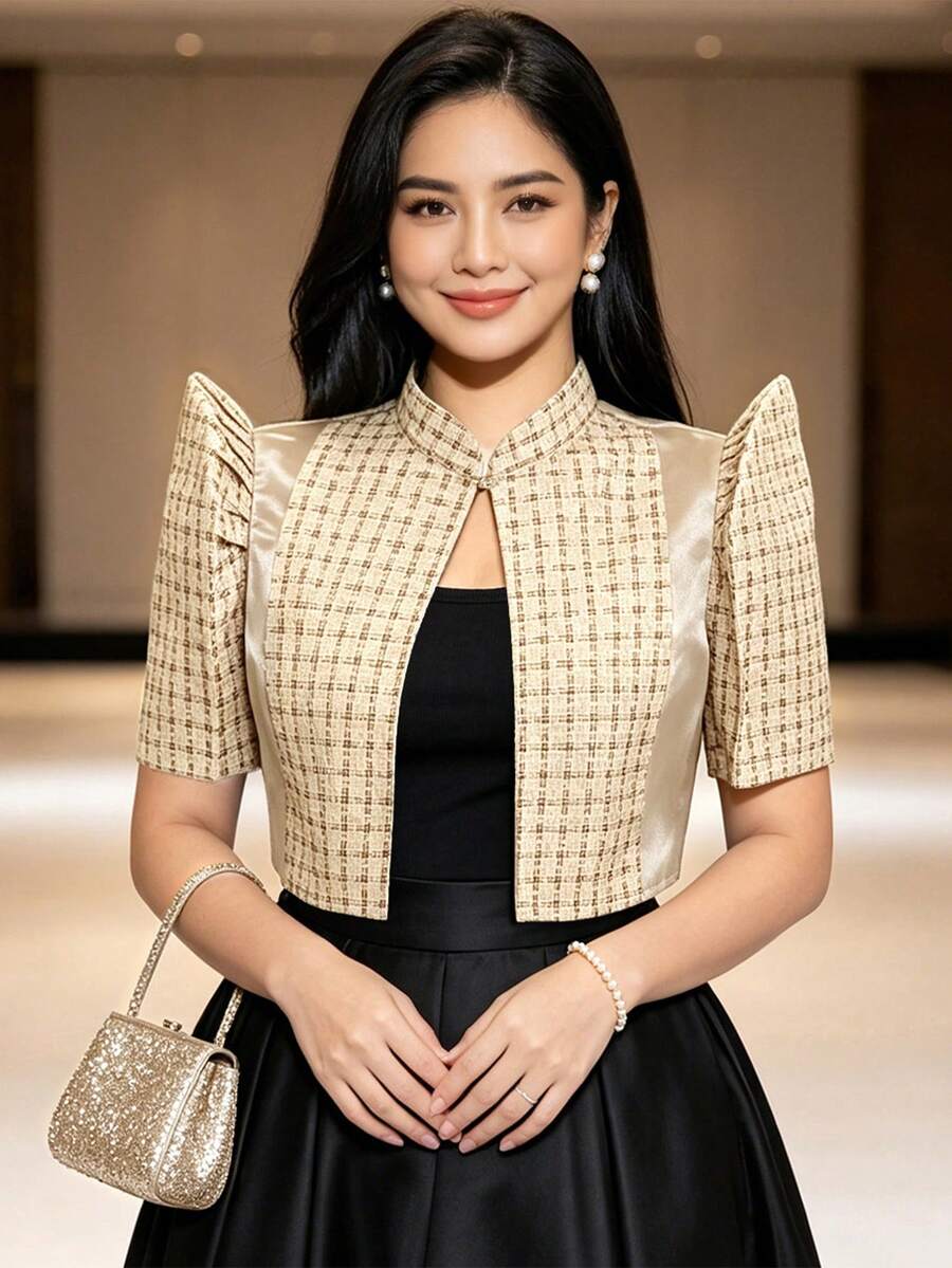 菲律賓風格女款極簡優雅泡泡短袖上衣 - 香檳色 - 查看 1