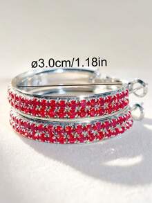 1 Pair Fashionable Exquisite C-Shaped Double-Row Rhinestone Studded Hoop Earrings, Shiny Bling Bling, Pink, Red, Blue, Black, Peach, Violet, Colorful - Party, Gift, Holiday, Daily Wear - Red - View 3
