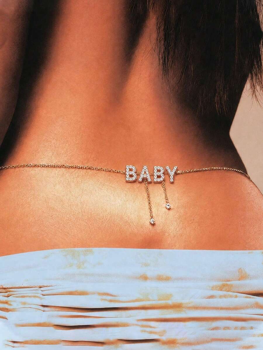 STONEFANS 1件新款水鑽字母BABY腰鍊,歐美時尚性感身體鍊,適合女性,適用於泳池 - 金色 - 查看 1