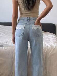 Women's Casual Loose Straight Leg Jeans With Button And Lace Pocket Details, Elegant Non-Stretch Long Straight Pants, Y2K Style - Light Wash - View 7