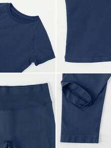 TimeOff Conjunto deportivo de mujer de un solo color sin costuras con cuello redondo, manga corta, cintura acanalada y pantalones de largo medio - Azul Marino - Ver 5