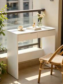 Rectangular Makeup Vanity Desk With Two Drawers, Crafted From Durable Particle Board. Available In Two Colors, This Multi-Purpose Table Works As A Computer Desk, Ideal For Organizing Skincare, Cosmetics And Stationery In Bedrooms And Apartments. - Multicolor - View 3