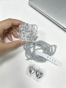 6pcs Set Exquisite Premium Silver Shiny Rhinestone Butterfly Data Cable Protector With Hard Shell Storage Bag, Charging Cable Winder, Cable Clip And Gradient Laser Protective Case, Compatible For Apple 18/20W Series Charger Protection Storage Set, Anti-Breakage Anti-Drop Anti-Shock, Daily Travel Charging Accessories Full Set Combination - View 6