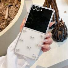 Compatible With Galaxy Z Flip3/Z Flip4/Z Flip5/Z Flip6/Z Glitter Transparent 3D Rhinestone Bow Phone Case, Minimalist Clear Girly Style Full Coverage Anti-Drop Foldable Hard Shell - Multicolor - View 4