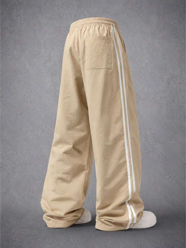 Men Loose Wide Leg Track Pants Side Striped Design Elastic Drawstring Waist Lightweight Casual Athletic Trousers Streetwear Running Sports Long Pants - Champagne - View 2