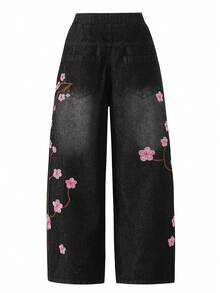 Tween Girl Black Denim Jeans Fashion New Cherry Blossom Embroidered Loose Wide Leg Casual Pants Suitable For Spring Summer Autumn Winter - Black - View 3