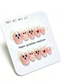 10pcs Pure Handmade Oval Press On Nails, Y2k Vintage Sweet Cool Halloween Style,Pink Glitter Base, Cartoon Ghost Face,Spider Web, Red Heart & Cream Drip Line Patterns For Women And Girl, Spring Summer Fall Winter Festivals Party And Daily Life Use - Pink - View 2