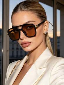 1pc Oversized Double Bridge Square Retro Fashion Glasses, Full Frame Versatile Women's Eyewear, Suitable For Travel, Vacation, Daily Wear, Beach Accessory - Brown - View 3