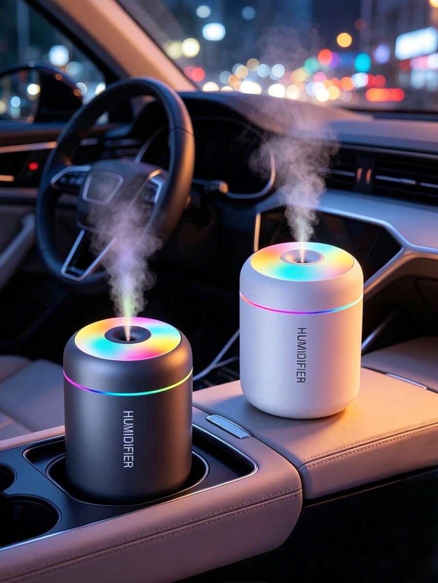 1pc Portable USB Car Air Humidifier, RGB 7-Color Gradient Ambient Light, Quiet Cold Mist Aromatherapy Diffuser, Mini Desktop Humidifier, Suitable For Car, Bedroom, Office, Travel