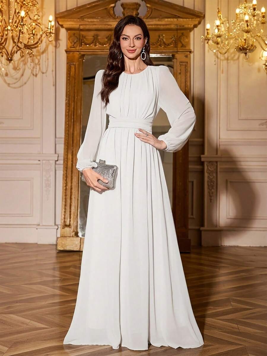 Volly Toych Gaun Pengantin Lengan Panjang Chiffon Putih Elegan dengan Detail Ruffle dan Leher Bulat, Cocok untuk Acara Spesial, Pernikahan, Lengan Tanpa Lapisan Dalam