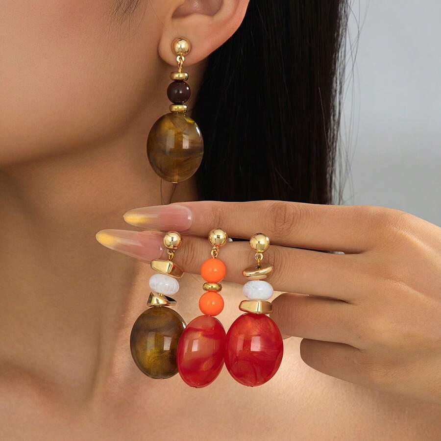 Anting Panjang Manik-Manik Oval Bertekstur Warna Oranye-Merah - Merah jingga - View 1