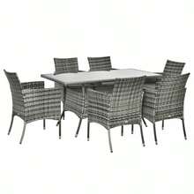 6 Seater Rattan Dining Set Garden Furniture Set, 7 Piece Outdoor Patio Table And Chairs Set With Cushions, PE Wicker Armchairs And Rectangular Table, Grey - Grey - View 8