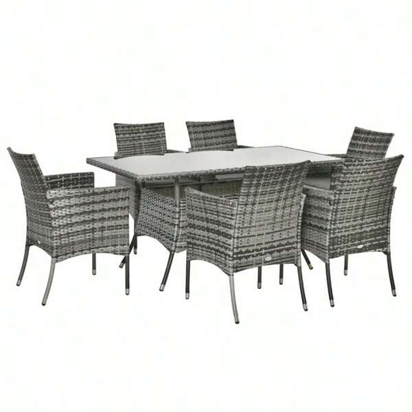 6 Seater Rattan Dining Set Garden Furniture Set, 7 Piece Outdoor Patio Table And Chairs Set With Cushions, PE Wicker Armchairs And Rectangular Table, Grey