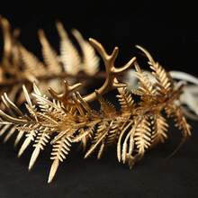 Vintage Elf Forest Gold Staghorn Fern Leaf Crown With Red Rhinestones, Adjustable Ribbon Headpiece, Suitable For Halloween Cosplay, Renaissance Wedding, Festival Party - Multicolor - View 9