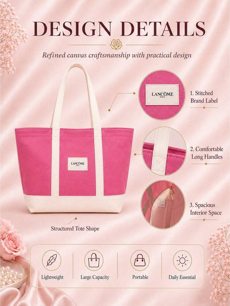 Lancôme Pink Canvas Tote Bag, Sold Individually, Durable Fabric With Large Capacity, Suitable For Commuting, Travel And Daily Storage - Pink - View 5