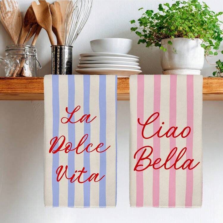 2pcs Striped Italian Illustration Pattern Kitchen Towels, Rectangular Microfiber Kitchen Towels, Dish Cloths, Scrubbers, Hand Towels, Cooking Baking Tea Towels, Kitchen Decor, Housewarming Gift, Birthday Gift, Bathroom Cleaning Wipes, Decorative Towels - Pink - View 8