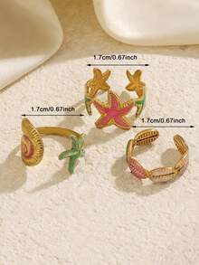 3pcs Stainless Steel 18K Gold Plated Summer Vacation Casual Style Colorful Starfish Shell Ring Set Suitable For Women Daily, Holiday, Vacation, Date Wear - Multicolor - View 5