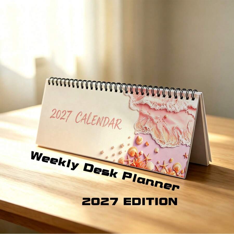 2027 柔粉色海洋貝殼螺旋日曆計畫本，溫柔海浪沙灘封面設計，週計畫記錄筆記本，適合海灘愛好者、學生、上班族的禮物，新年生日節日送禮 - 2027 - 查看 1