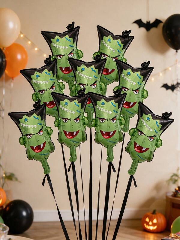 10pcs 44cm Halloween Green Monster Shaped Cartoon Foil Balloon Set Suitable For Trick Or Treat Theme Party (Ribbon Not Included)