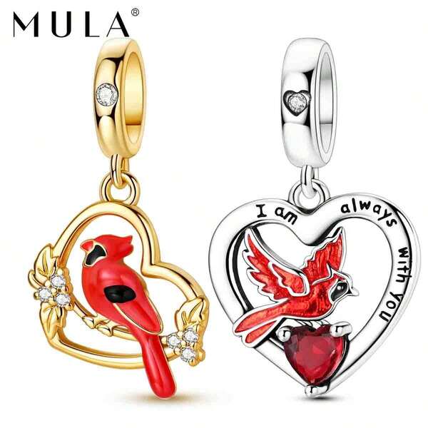 1 stuk herdenkingshanger met rode kardinaalvogel en hart, beschermende bedel, goudkleurig en zilverkleurig optioneel, DIY-sieradenaccessoires voor ketting en armband
