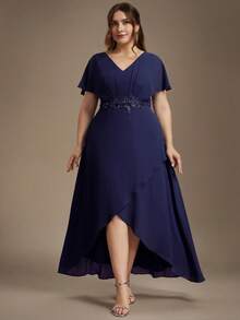 EVERPRETTY 大尺碼優雅V領抓皺胸前海軍藍新娘母親禮服 花園婚禮賓客正式洋裝 晚餐場合派對 秋季 - 藏蓝色 - 查看 3