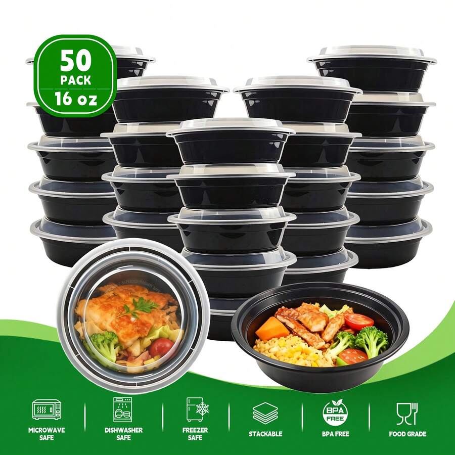 EasyPack Now Meal Prep Take Out Bowl With Lids 50 Pack, 16oz Round Food Storage Containers, Thickened Premium Plastic, Stackable, Microwave/Freezer/Dishwasher Use - Black - View 1