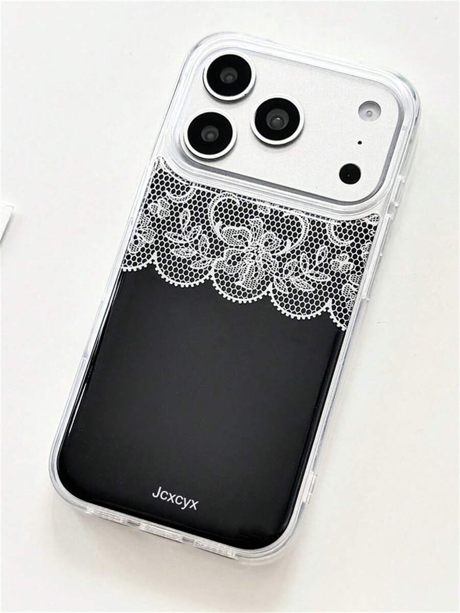 Casing Ponsel Minimalis Elegan dan Modis dengan Motif Bunga Renda, Kompatibel dengan iPhone 17 Pro Max 17 Pro 17 16 Pro Max 15 14 13 12 Pro Max, Pelindung Lensa dan Penutup Belakang. - Hitam - View 1