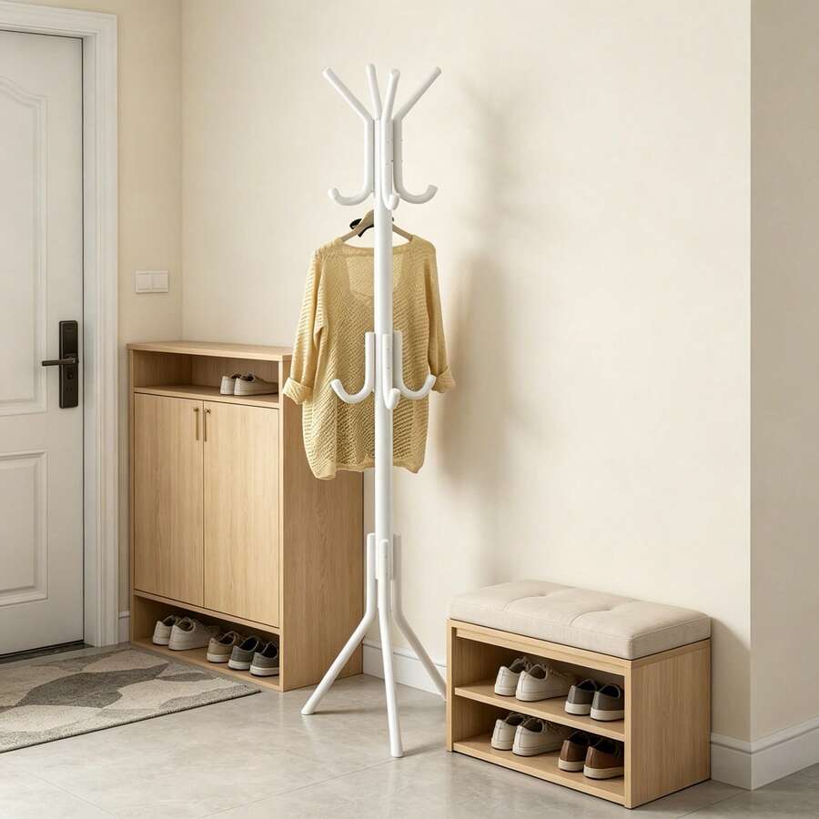 Sturdy Heavy Duty Freestanding Metal Coat Rack, Sleek Modern Standing Clothes Hanger Stand With Multiple Hooks, Stable Tripod Base Garment Holder For Bedroom Entryway Living Room Hanging Jackets Hats Bags - White - View 1