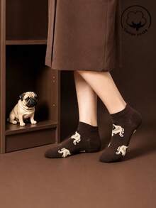 1/2 Pairs Women's Fun Cartoon Pug Cotton Socks, Soft Breathable Low-Cut Cotton Socks For Spring/Summer, Suitable For Dog Lovers, Outdoor Wear, Gift-Giving, Back To School Season - Brown - View 2