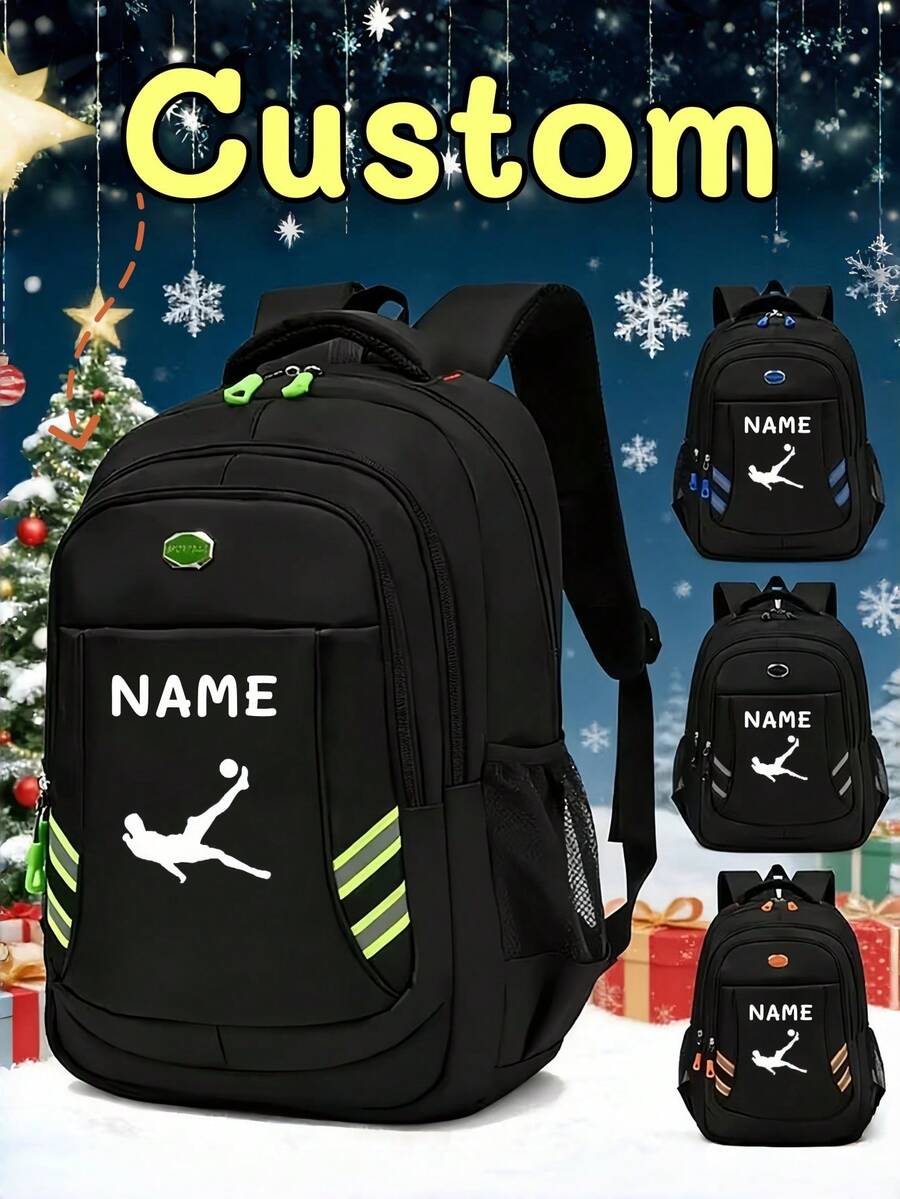 1pc Back To School Personalized Customized Large Capacity Backpack, Casual Minimalist Football Hook Silhouette Print, Zipper Closure Nylon Material, Adjustable Shoulder Straps, Hand-Carry, Suitable For Football Class, School, Commute, Shopping, Daily Outings. Birthday Gift. - Multicolor - View 1