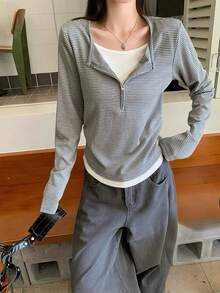Women's 2 In 1 Striped Zipper Long Sleeve T-Shirt, Slim Fit Inner Layer Top, Autumn - Grey - View 2